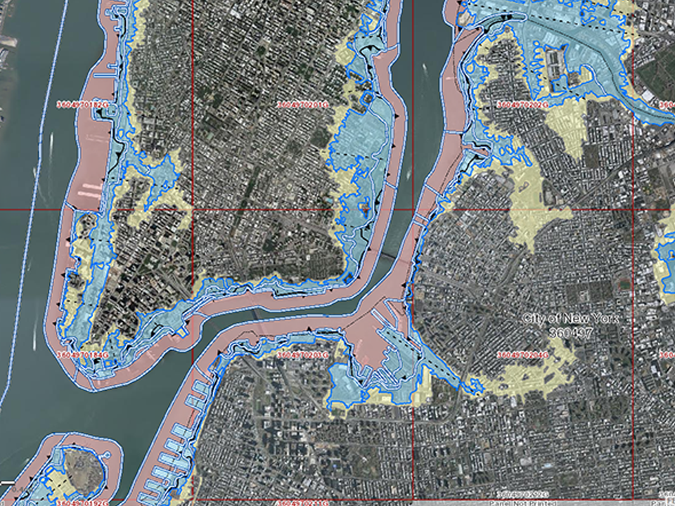 Aerial view of lower Manhattan and Brooklyn flood map
