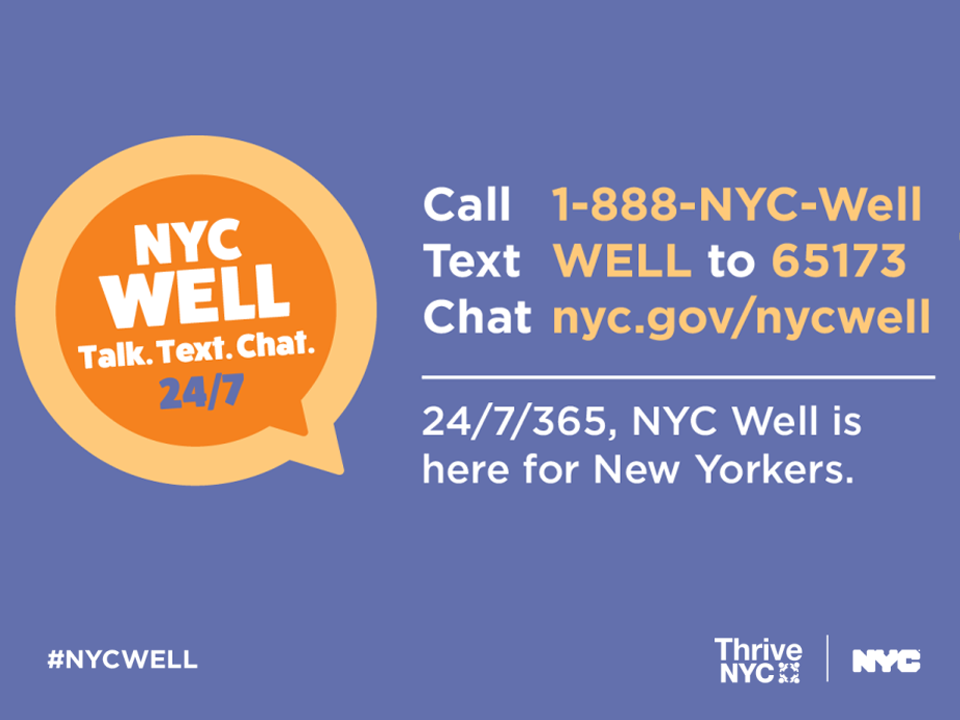 A screenshot of the NYC Well graphic which shows contact information for the program