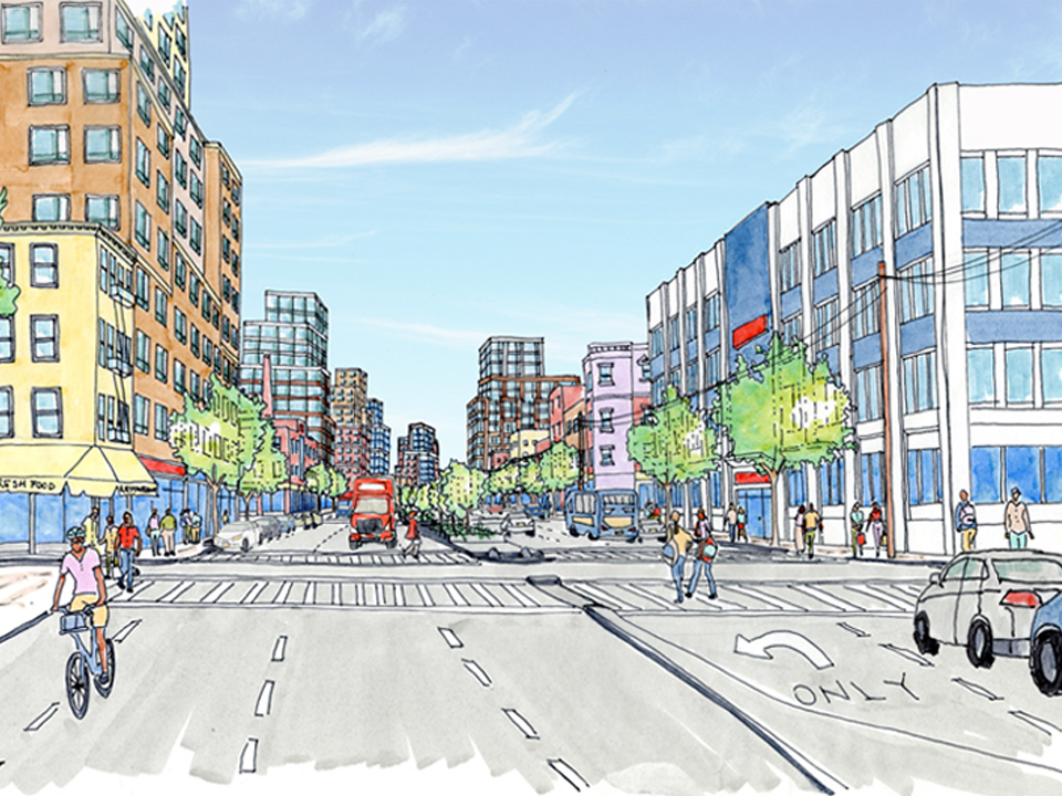 Illustrated view of a street with people biking, walking and driving in NYC