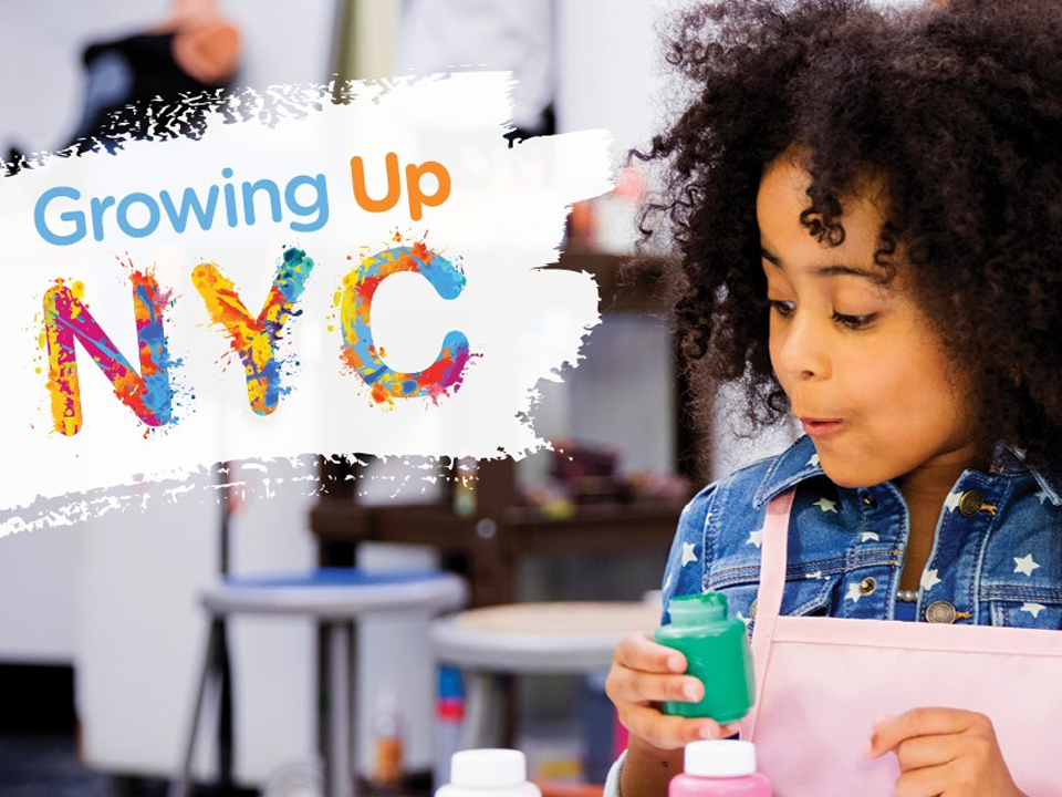 Growing Up NYC logo appearing next to girl with pink apron and paint bottle in her hand