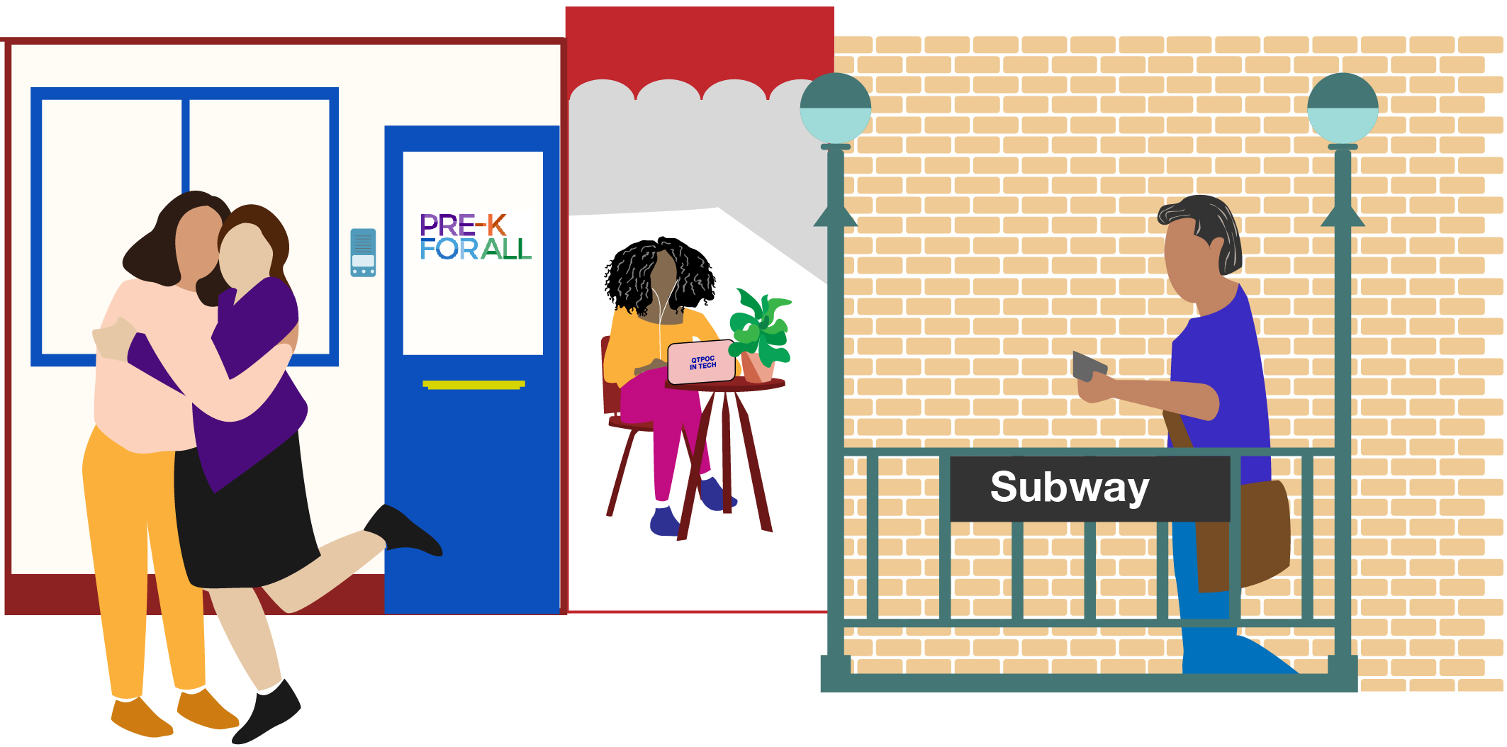 Illustrated New Yorkers happily greeting each other, entering the subway, and working at a laptop.