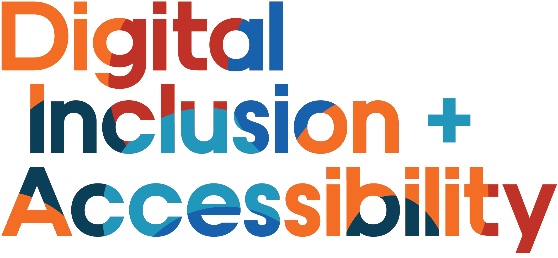2018 Digital Inclusion + Accessibility Conference logo. This logo was designed using plain language, high color contrast for people with low vision and color blindness, and sentence-case text for people with dyslexia. The overlapping colors within the text represent unity and transparency.