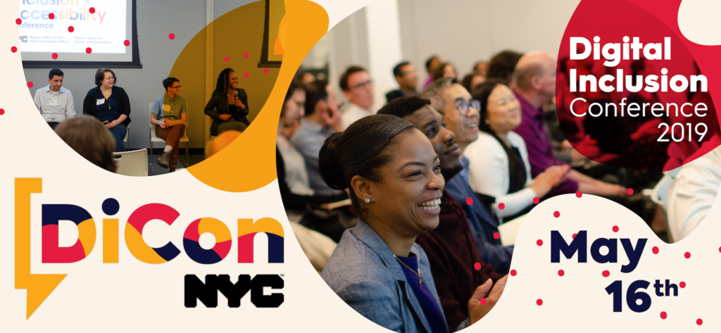 Banner image with DiCon NYC logo and a photo collage of participants and panelists from 2018 conference.